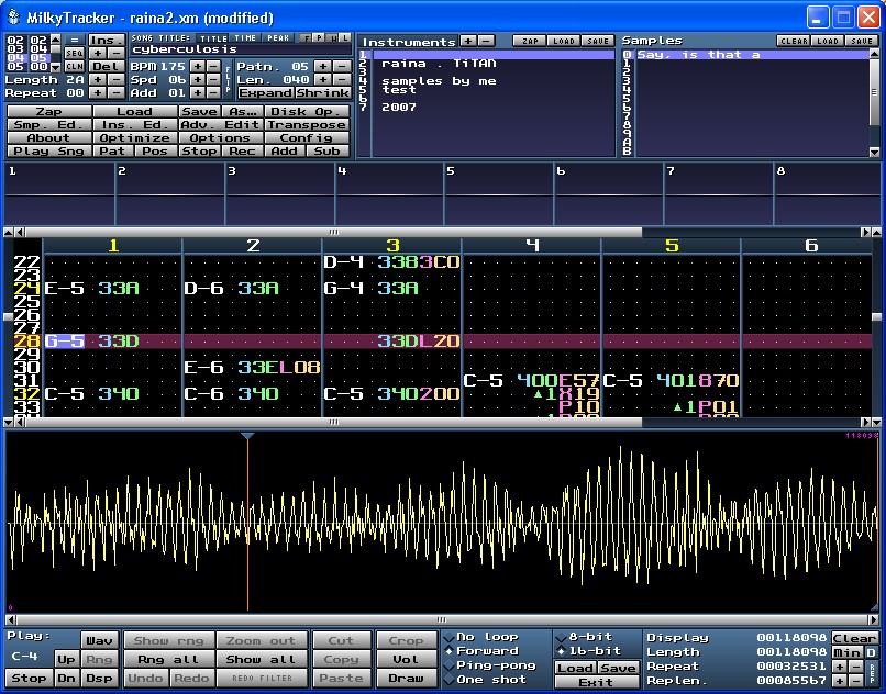 Instruments are embedded in the module and instruments may have one or more samples. The samples can be imported or created within the sample editor.